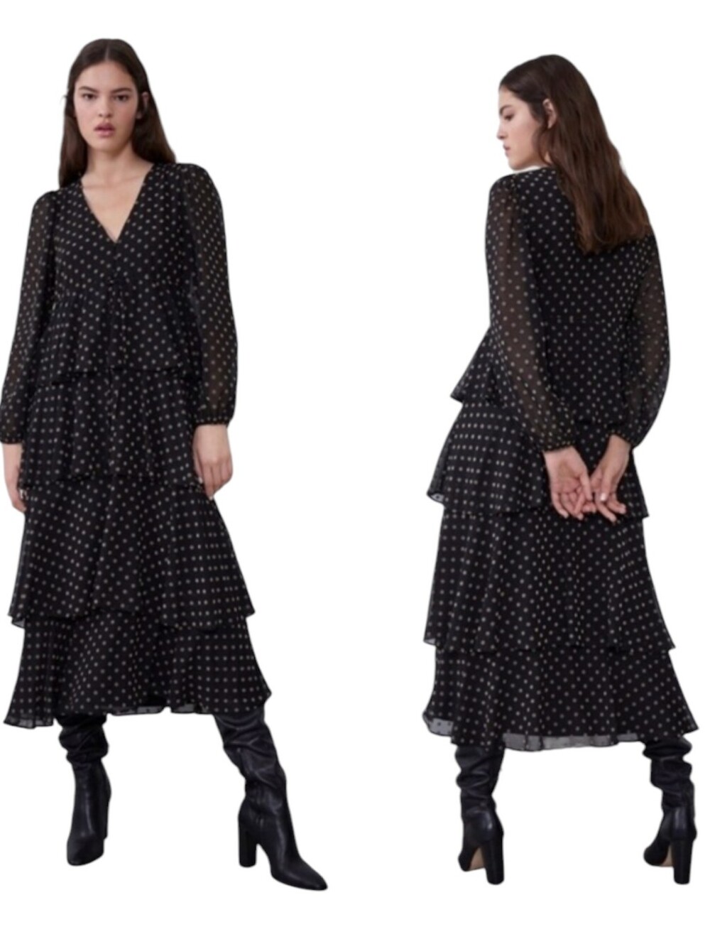 Zara Black/ Tan Polka Dots Dress Ruffle Tiered Babydoll Bodice Dark Fairy Sz L